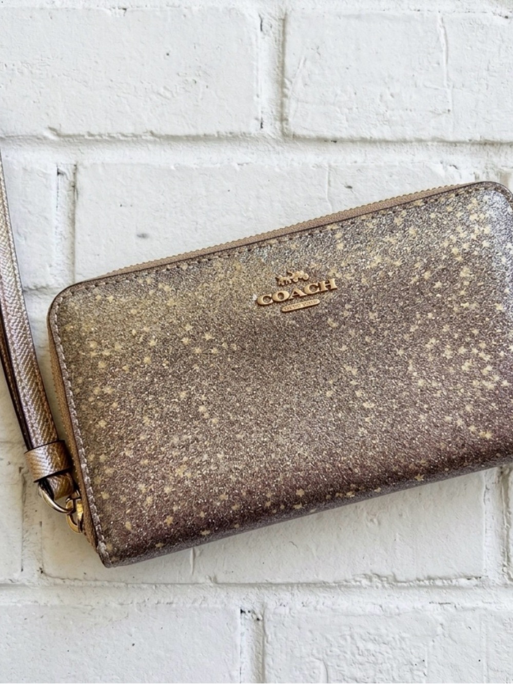 COACH Metallic Gold and Brown Sparkle Phone Wallet